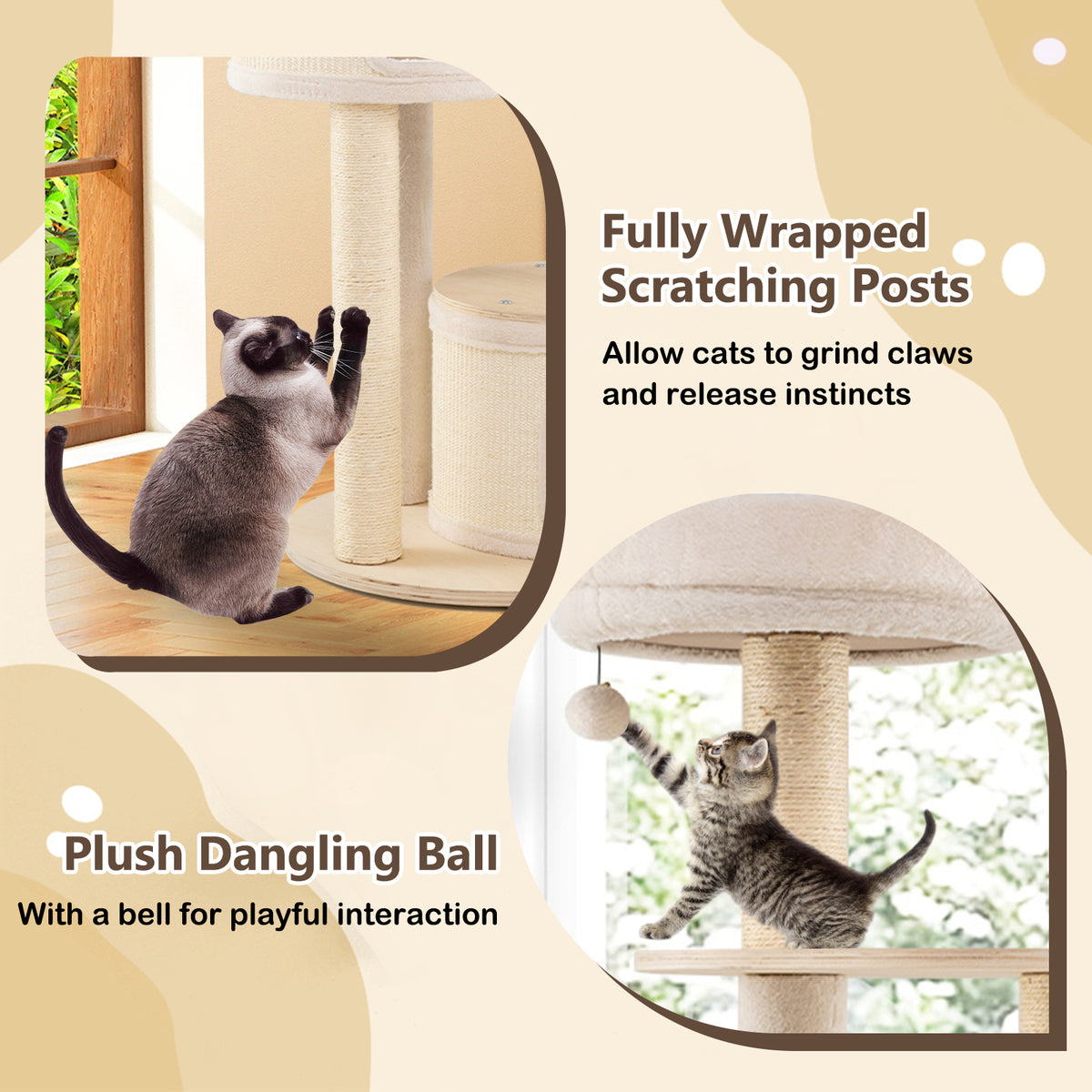 Wooden Kitten Tower with Sisal Posts & 2 Condos - Natural Finish