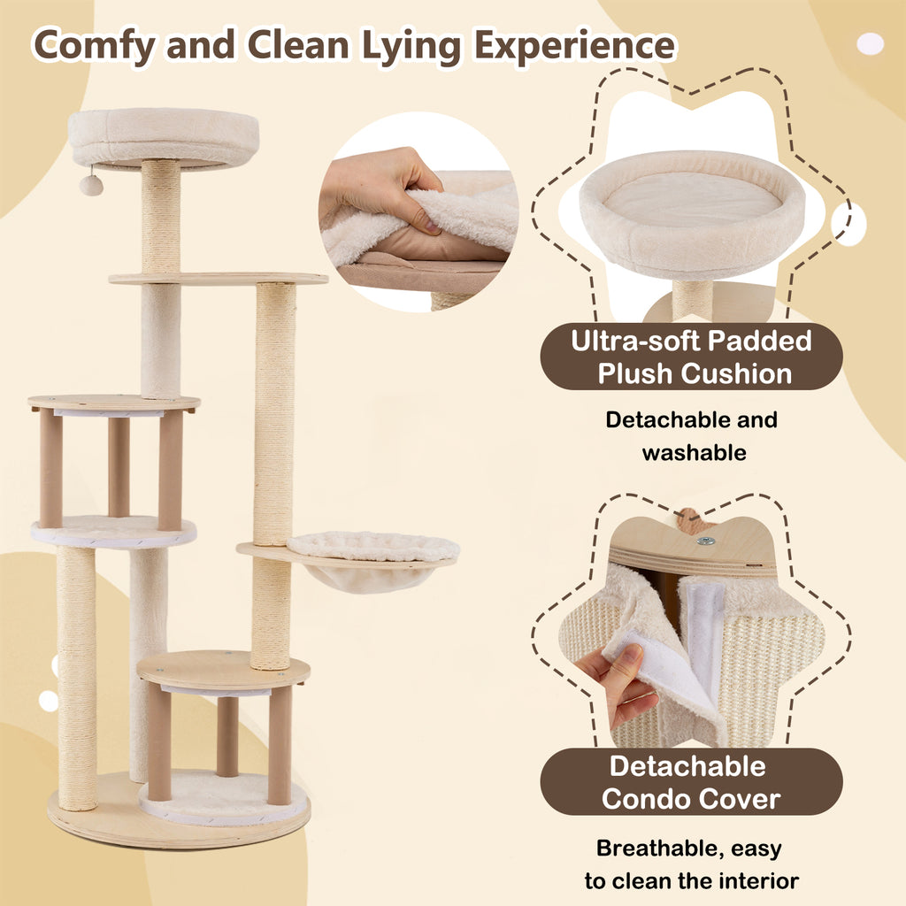 Wooden Kitten Tower with Sisal Posts & 2 Condos - Natural Finish