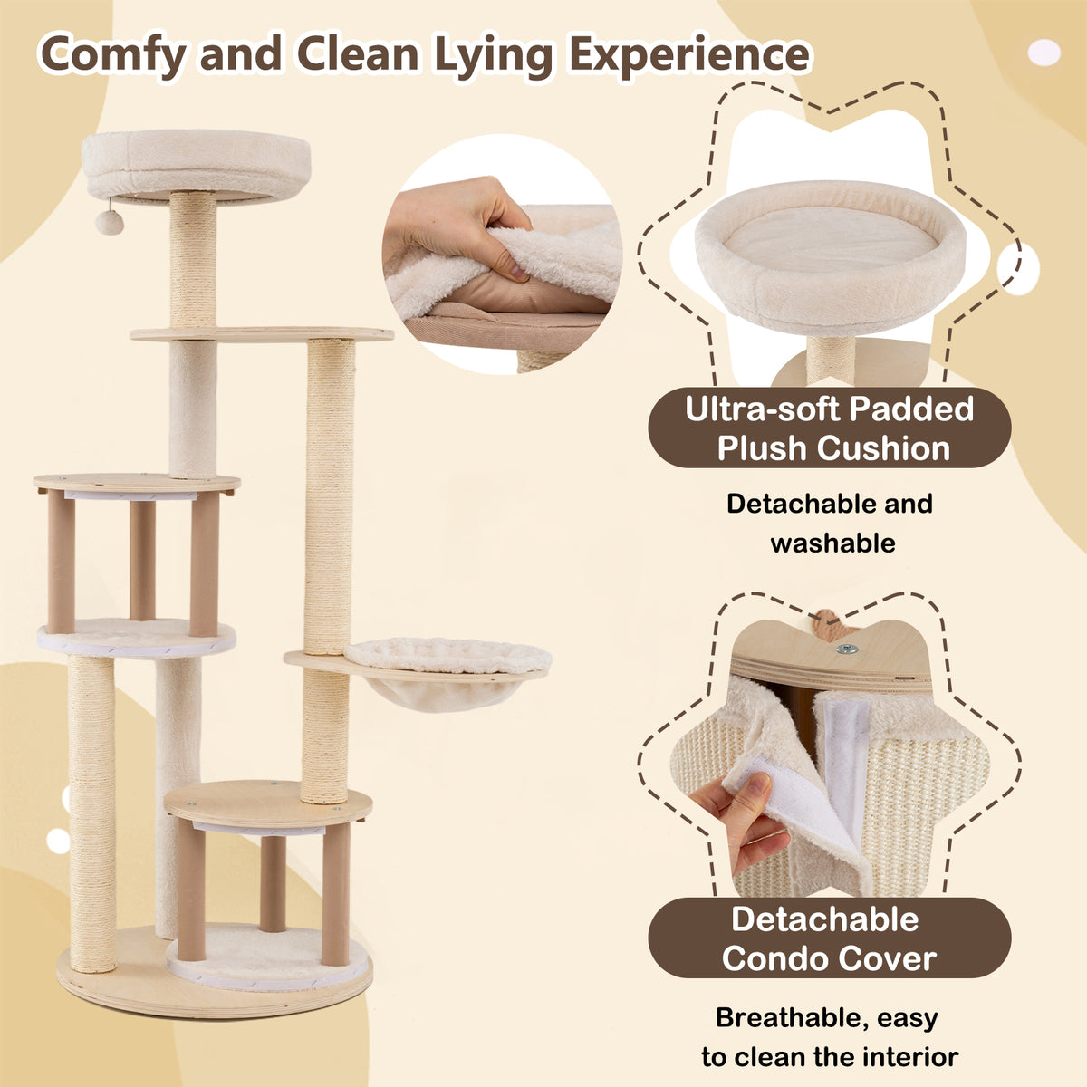 Wooden Kitten Tower with Sisal Posts & 2 Condos - Natural Finish