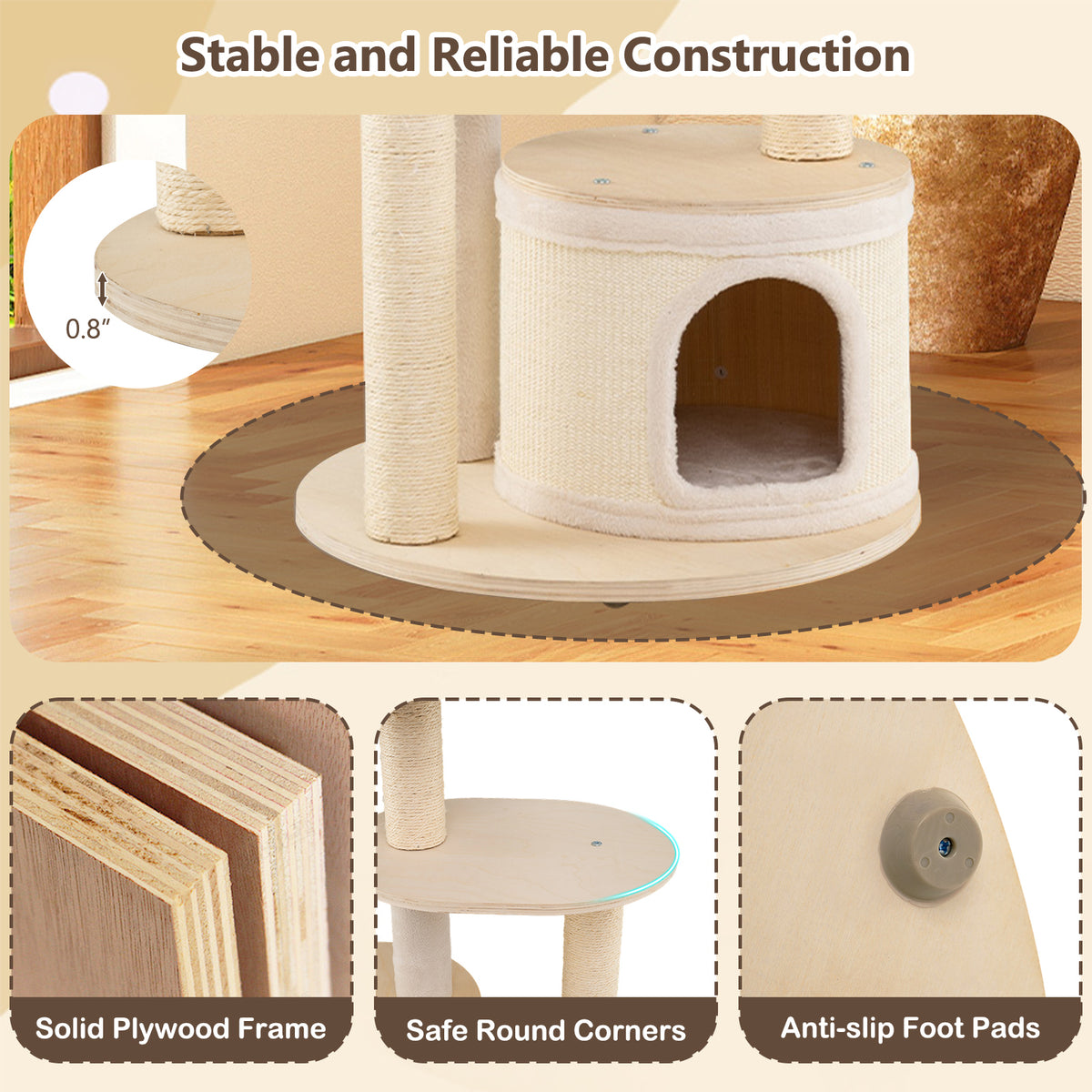 Wooden Kitten Tower with Sisal Posts & 2 Condos - Natural Finish
