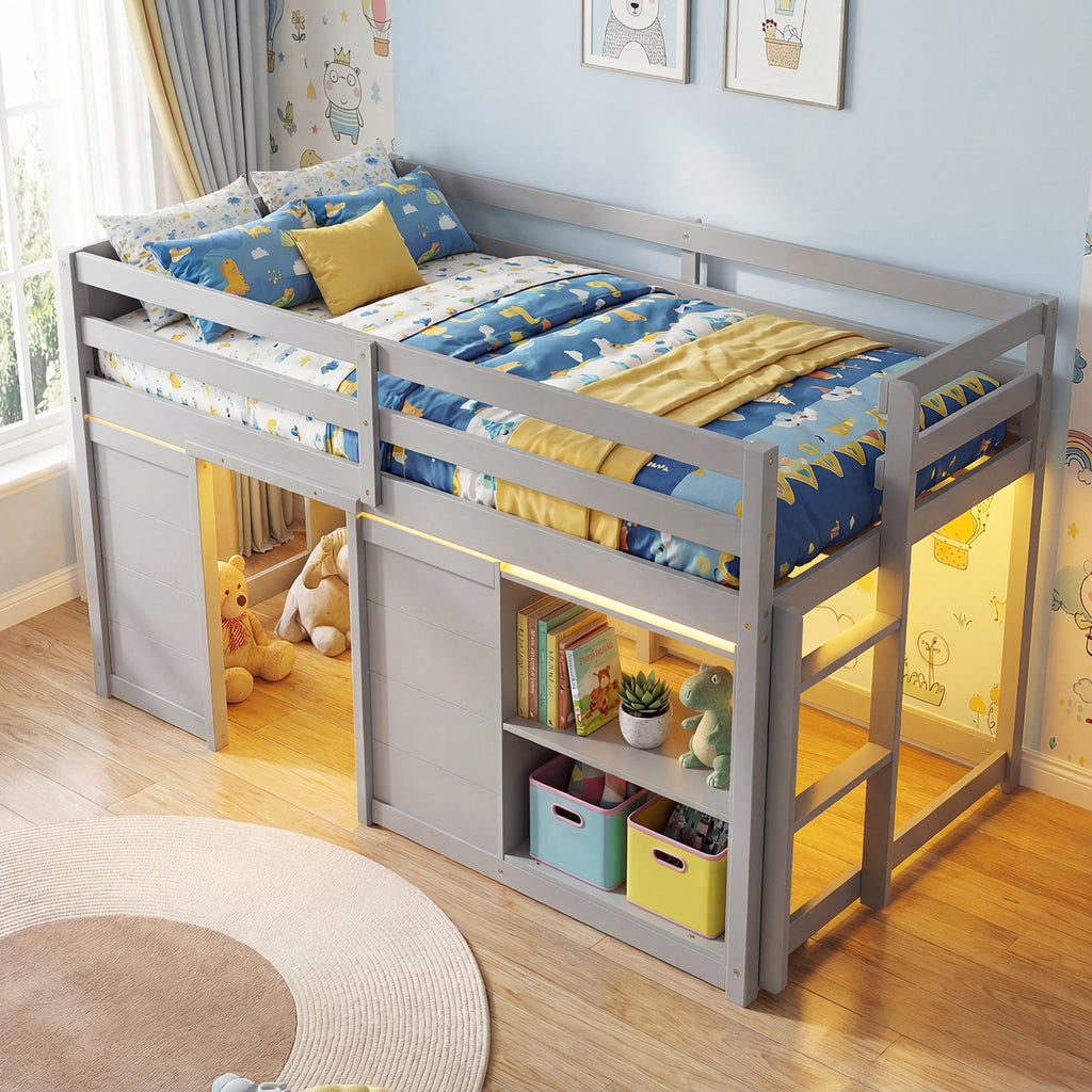 Kids Low Loft Bed with LED Lights, Doors & Storage - Gray