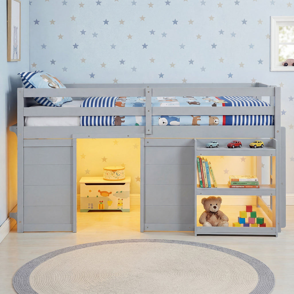 Kids Low Loft Bed with LED Lights, Doors & Storage - Gray