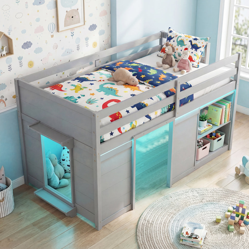 Kids Low Loft Bed with LED Lights, Doors & Storage - Gray