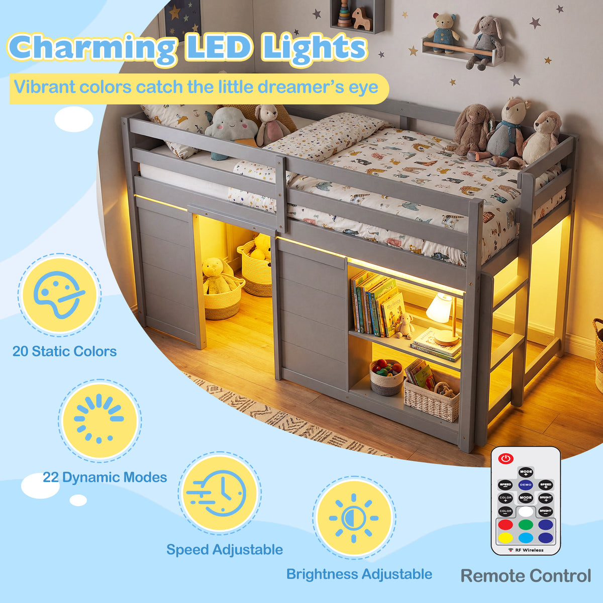 Kids Low Loft Bed with LED Lights, Doors & Storage - Gray