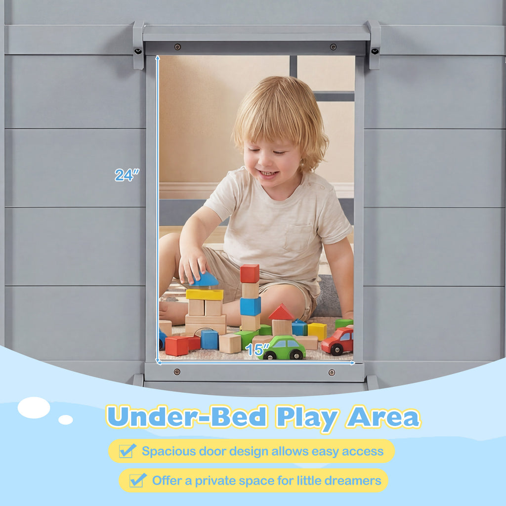 Kids Low Loft Bed with LED Lights, Doors & Storage - Gray