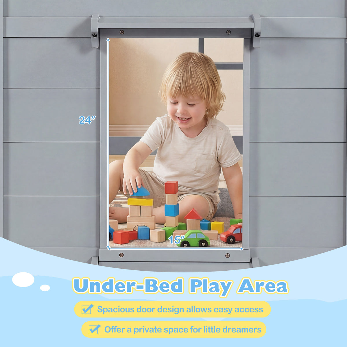 Kids Low Loft Bed with LED Lights, Doors & Storage - Gray