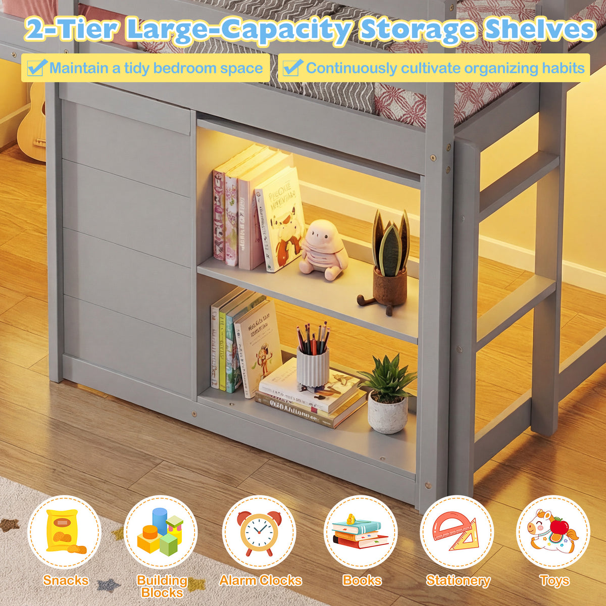 Kids Low Loft Bed with LED Lights, Doors & Storage - Gray