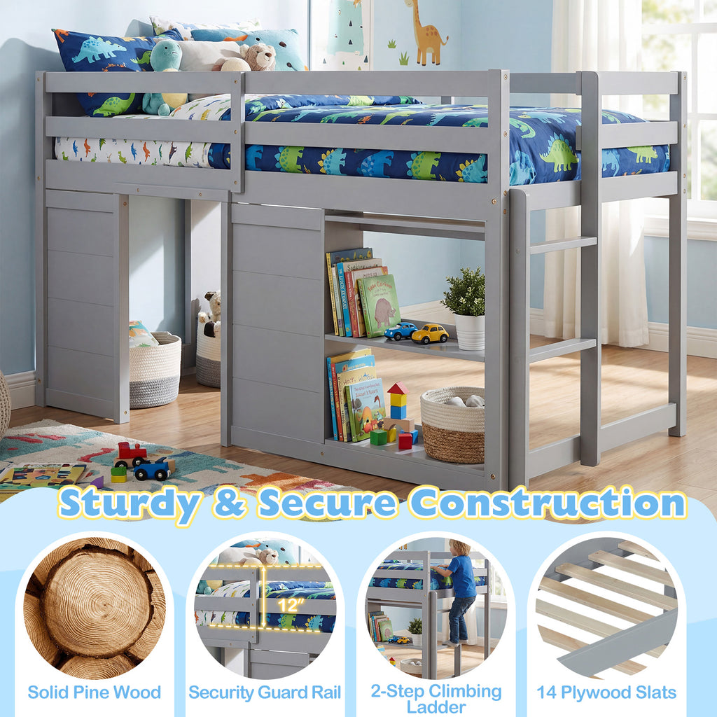 Kids Low Loft Bed with LED Lights, Doors & Storage - Gray