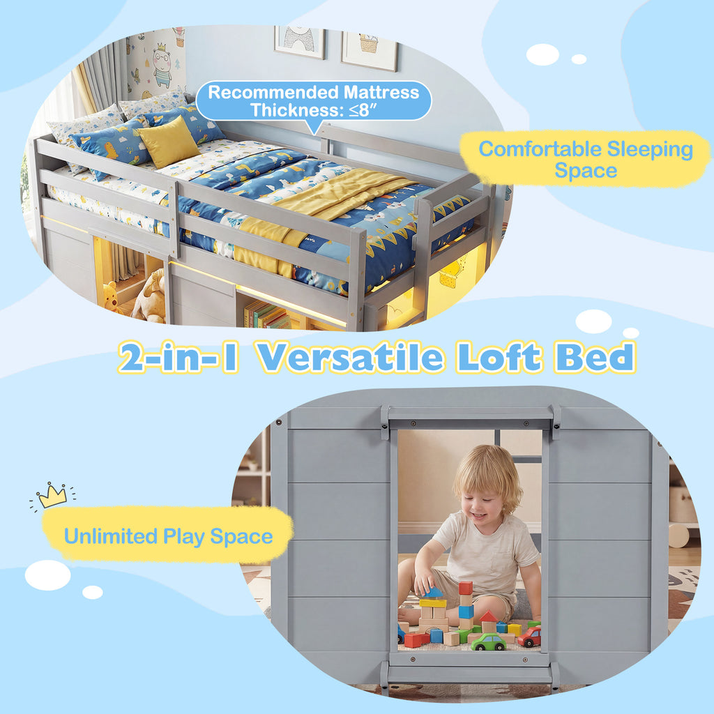 Kids Low Loft Bed with LED Lights, Doors & Storage - Gray