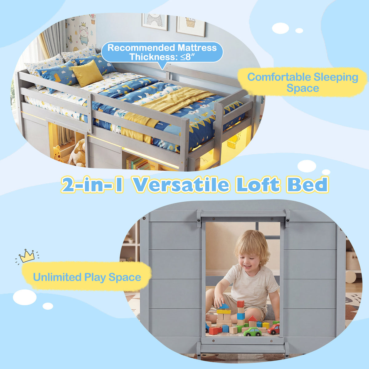 Kids Low Loft Bed with LED Lights, Doors & Storage - Gray