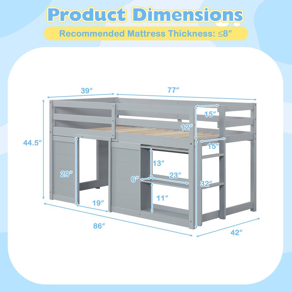 Kids Low Loft Bed with LED Lights, Doors & Storage - Gray