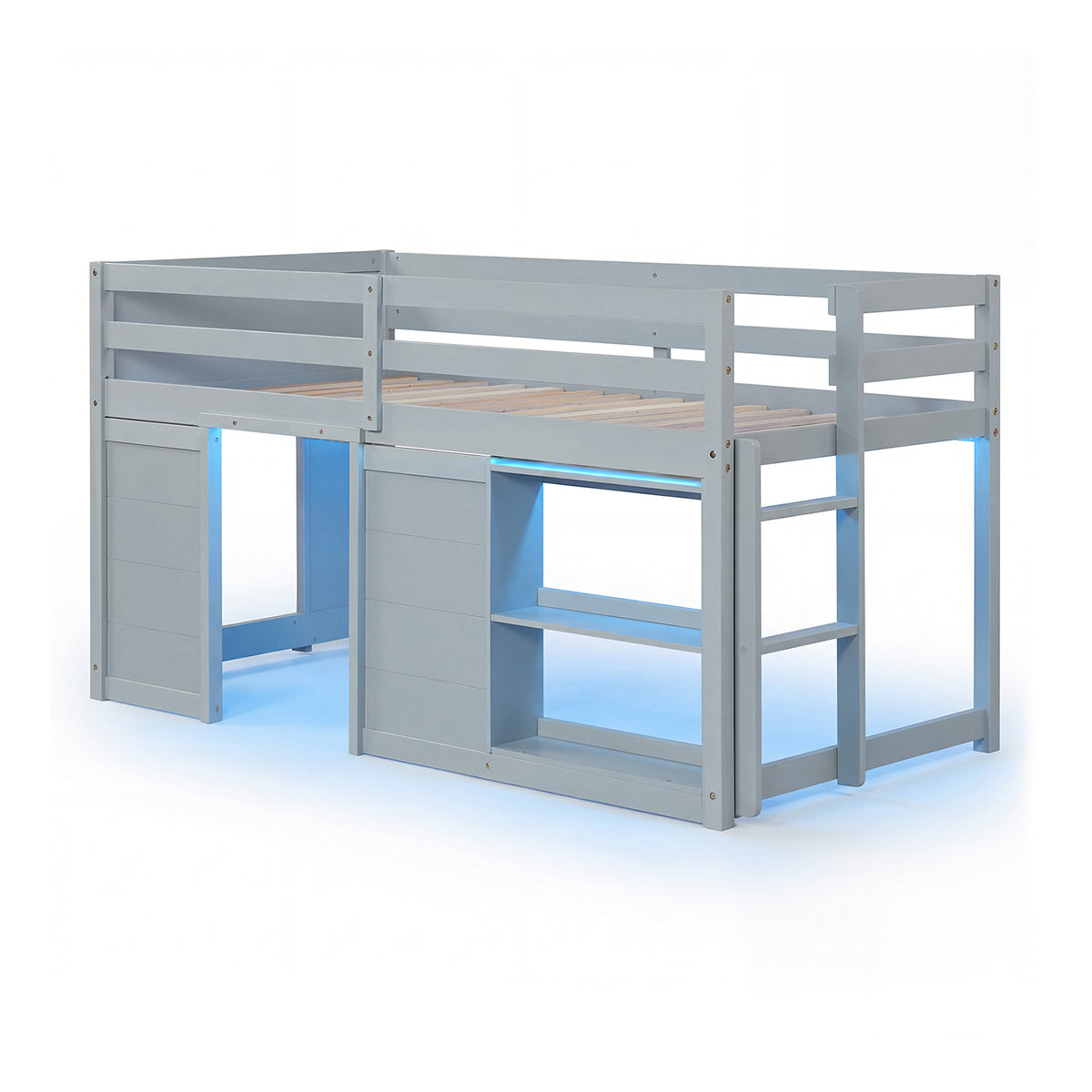 Kids Low Loft Bed with LED Lights, Doors & Storage - Gray