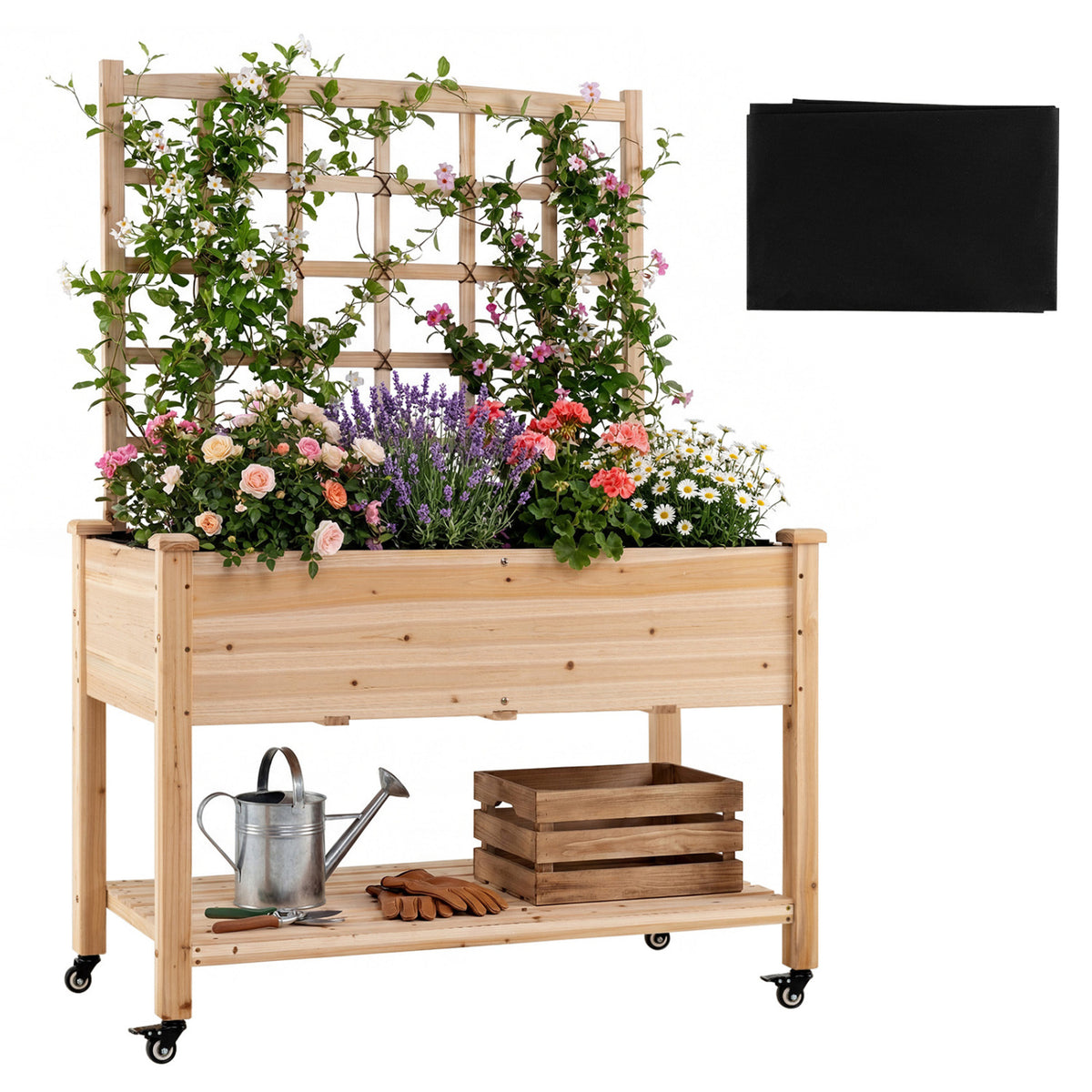 Wooden Mobile Raised Garden Bed on Wheels with Trellis
