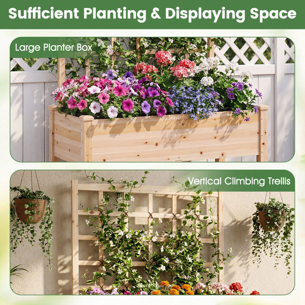 Wooden Mobile Raised Garden Bed on Wheels with Trellis
