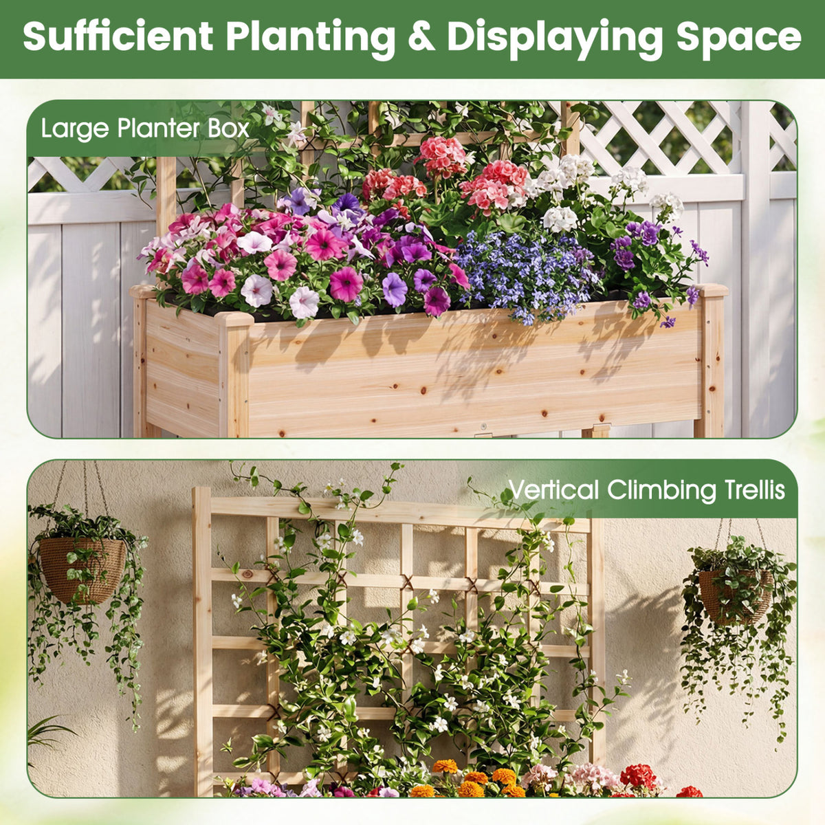 Wooden Mobile Raised Garden Bed on Wheels with Trellis