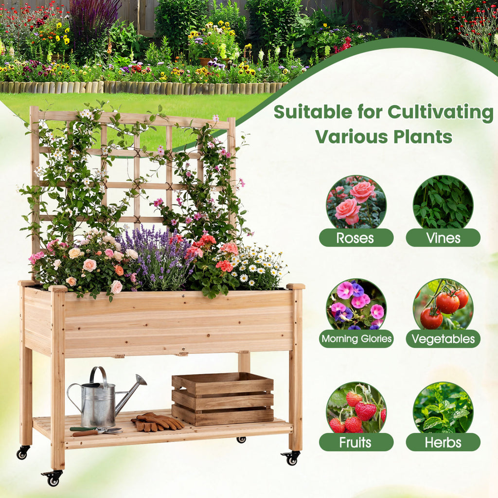 Wooden Mobile Raised Garden Bed on Wheels with Trellis