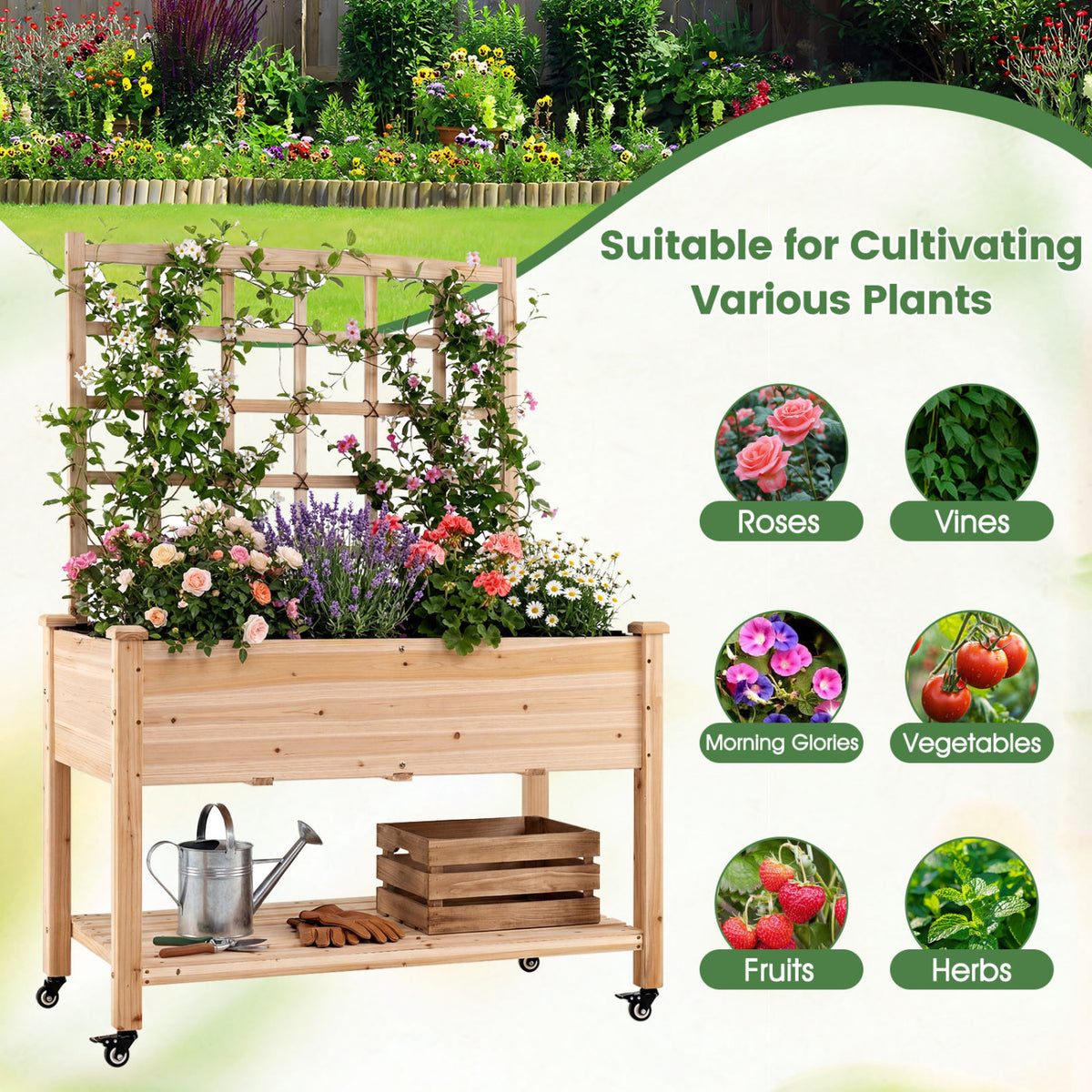 Wooden Mobile Raised Garden Bed on Wheels with Trellis