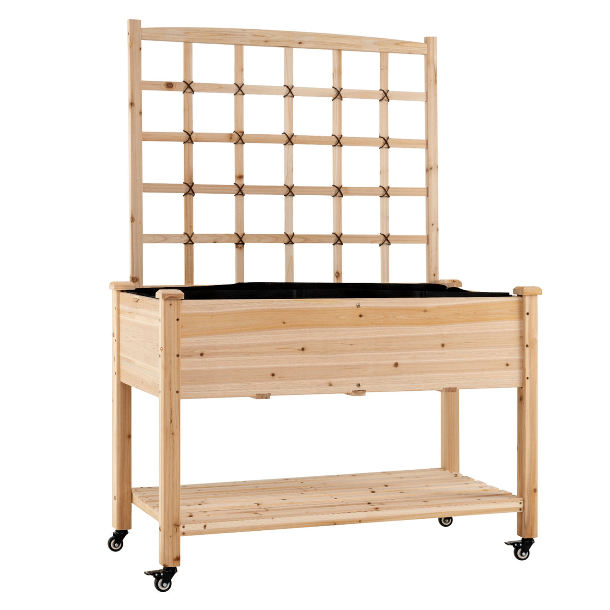 Wooden Mobile Raised Garden Bed on Wheels with Trellis