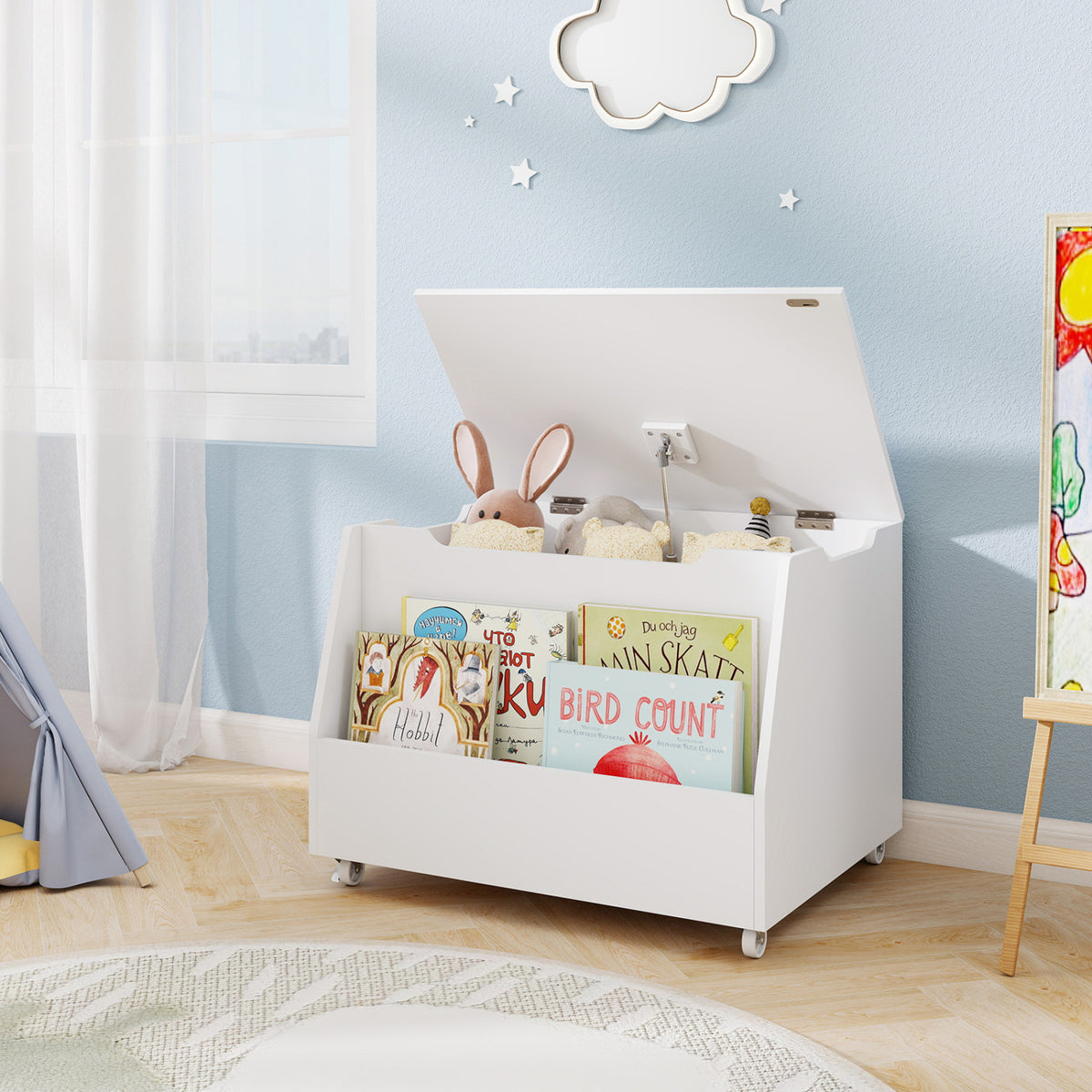 Wooden Toy Storage Organizer with Bookshelf & Lockable Wheels - White