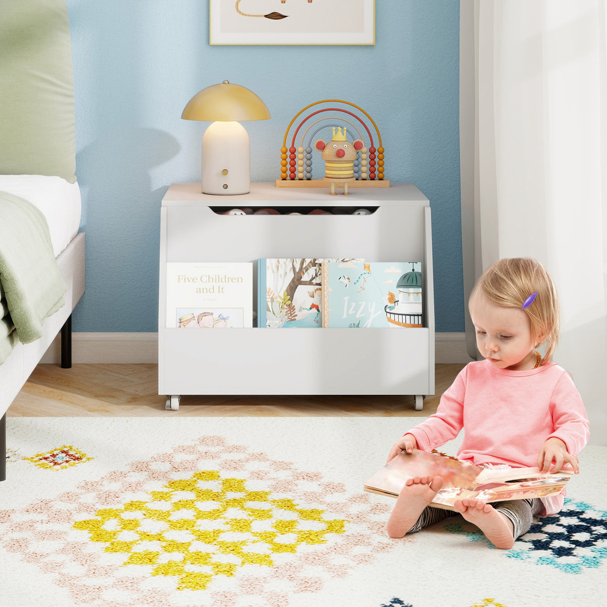 Wooden Toy Storage Organizer with Bookshelf & Lockable Wheels - White