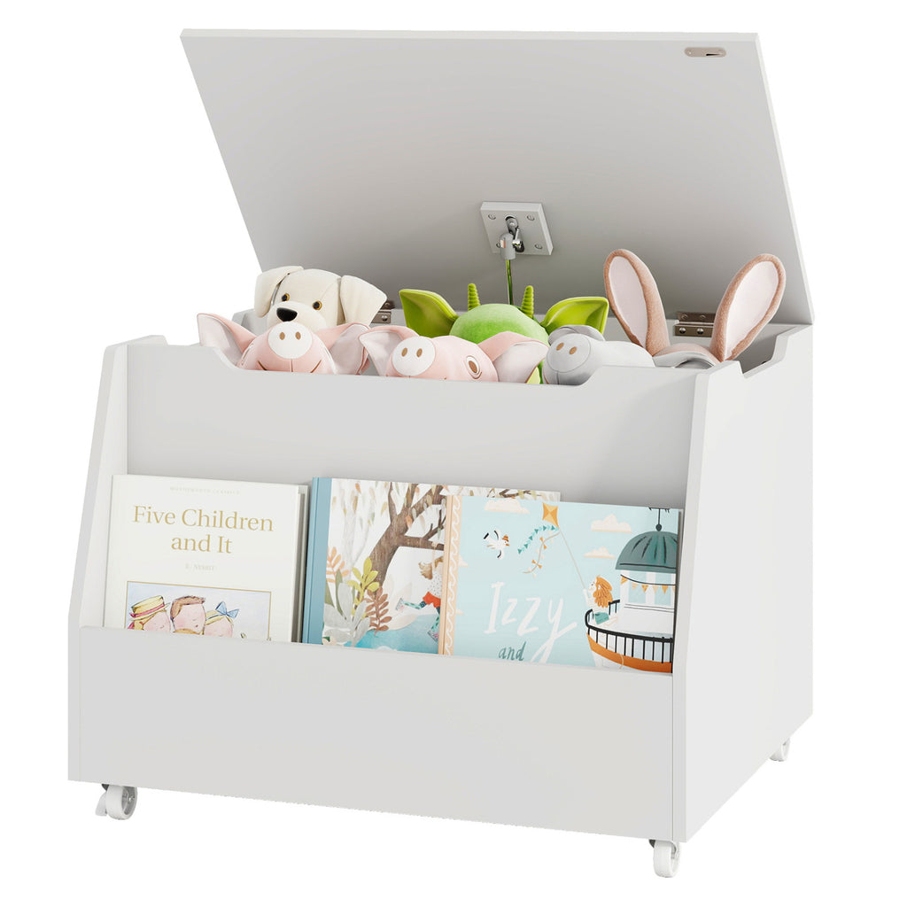 Wooden Toy Storage Organizer with Bookshelf & Lockable Wheels - White