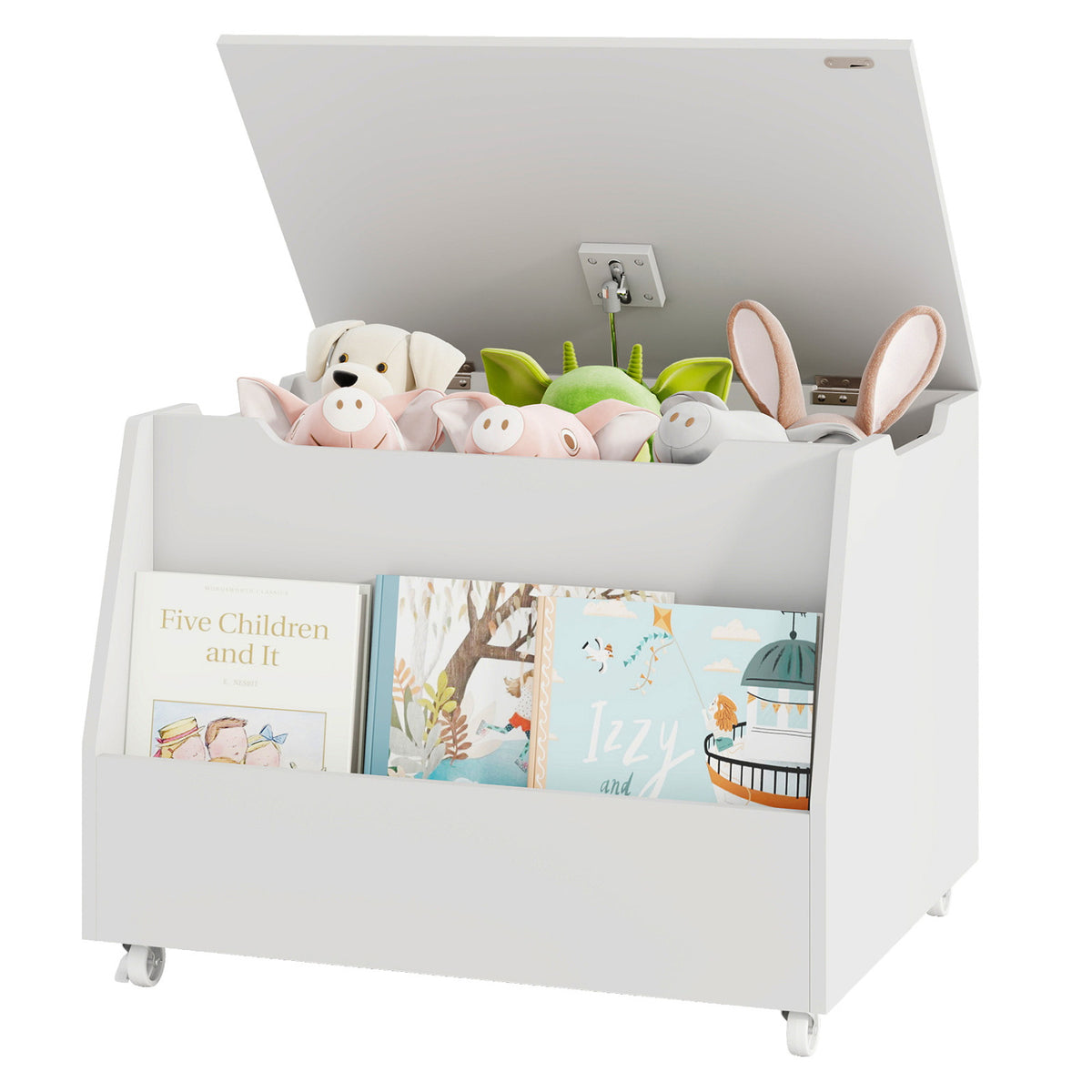 Wooden Toy Storage Organizer with Bookshelf & Lockable Wheels - White