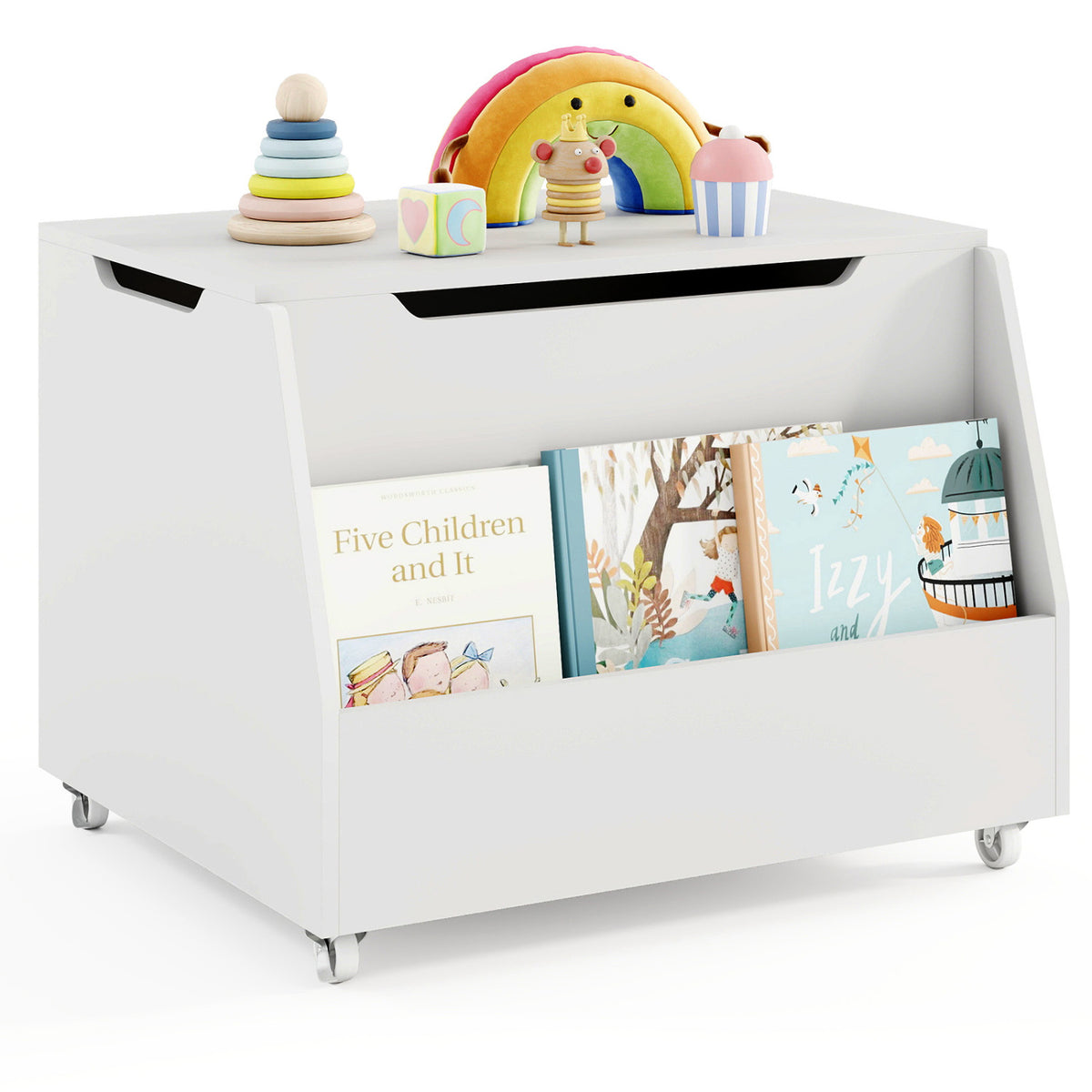 Wooden Toy Storage Organizer with Bookshelf & Lockable Wheels - White