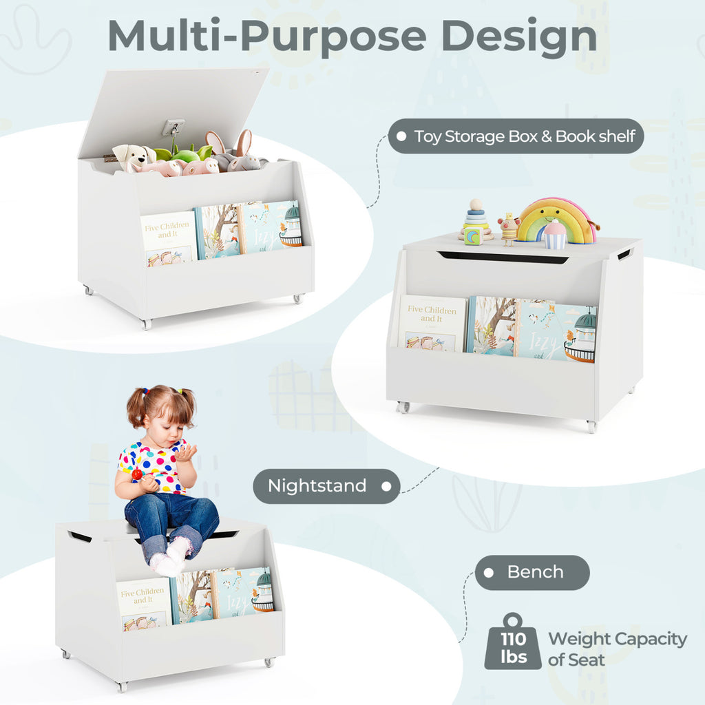 Wooden Toy Storage Organizer with Bookshelf & Lockable Wheels - White