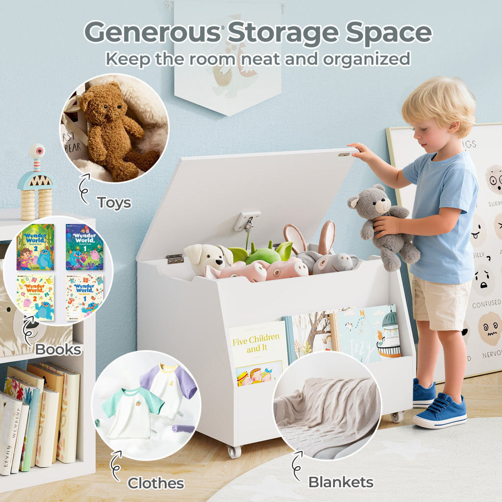 Wooden Toy Storage Organizer with Bookshelf & Lockable Wheels - White