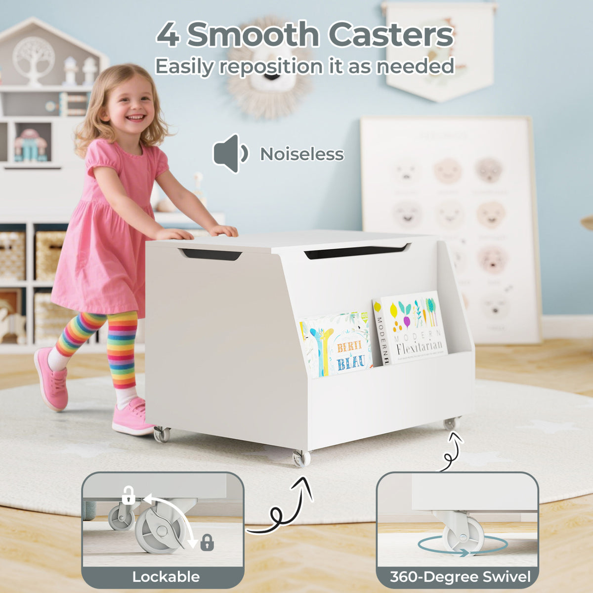 Wooden Toy Storage Organizer with Bookshelf & Lockable Wheels - White