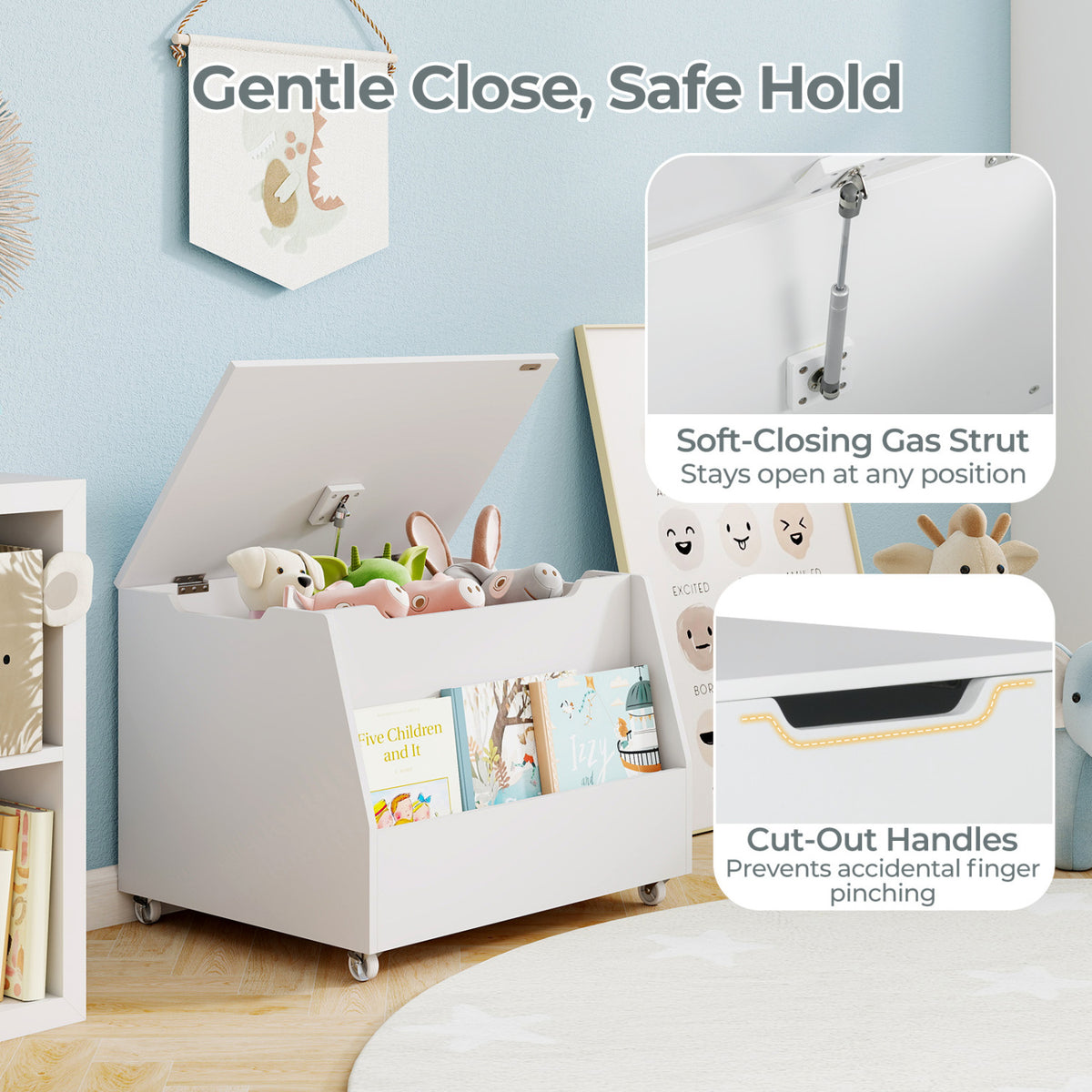 Wooden Toy Storage Organizer with Bookshelf & Lockable Wheels - White