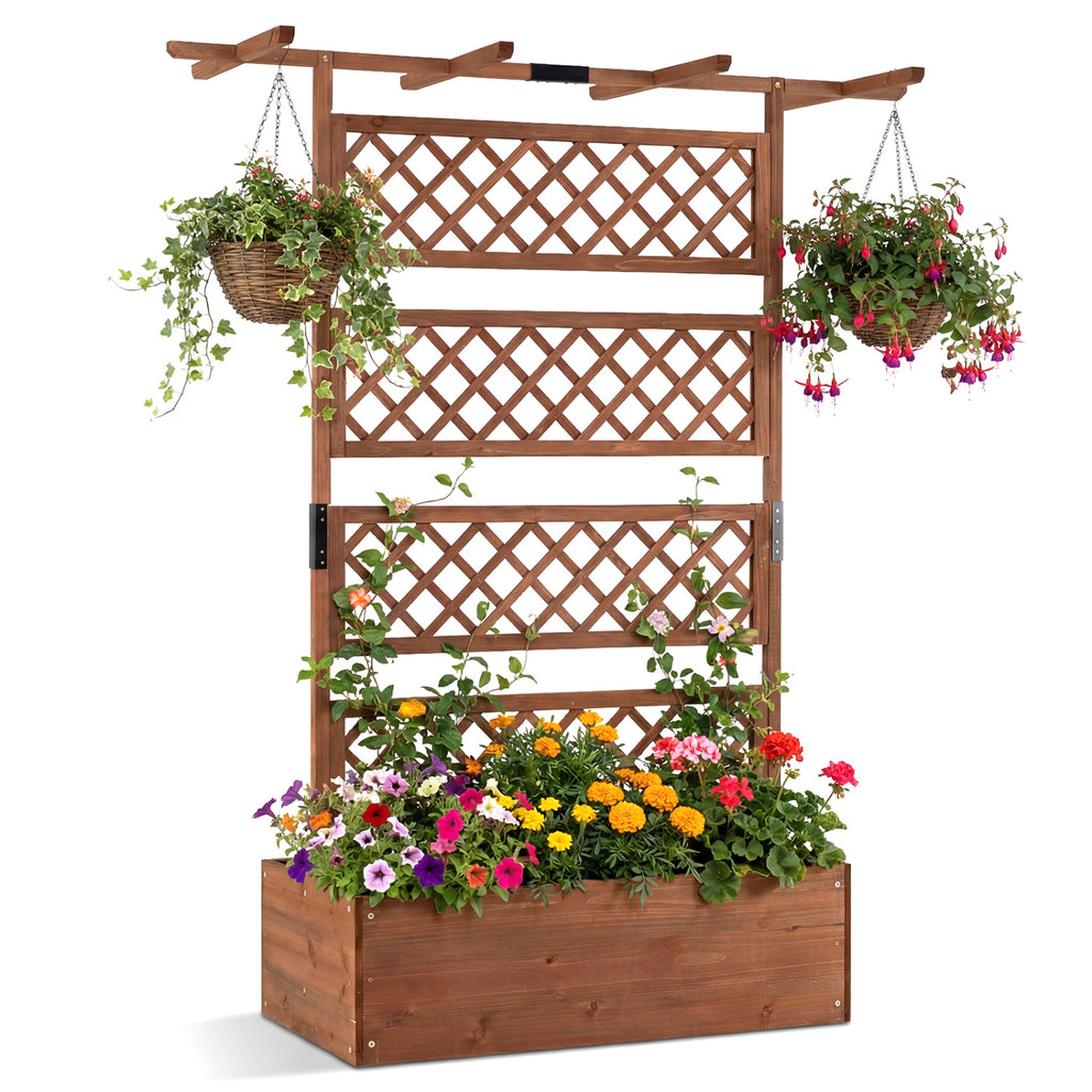 Wooden Planter Box with Lattice Trellis - Brown