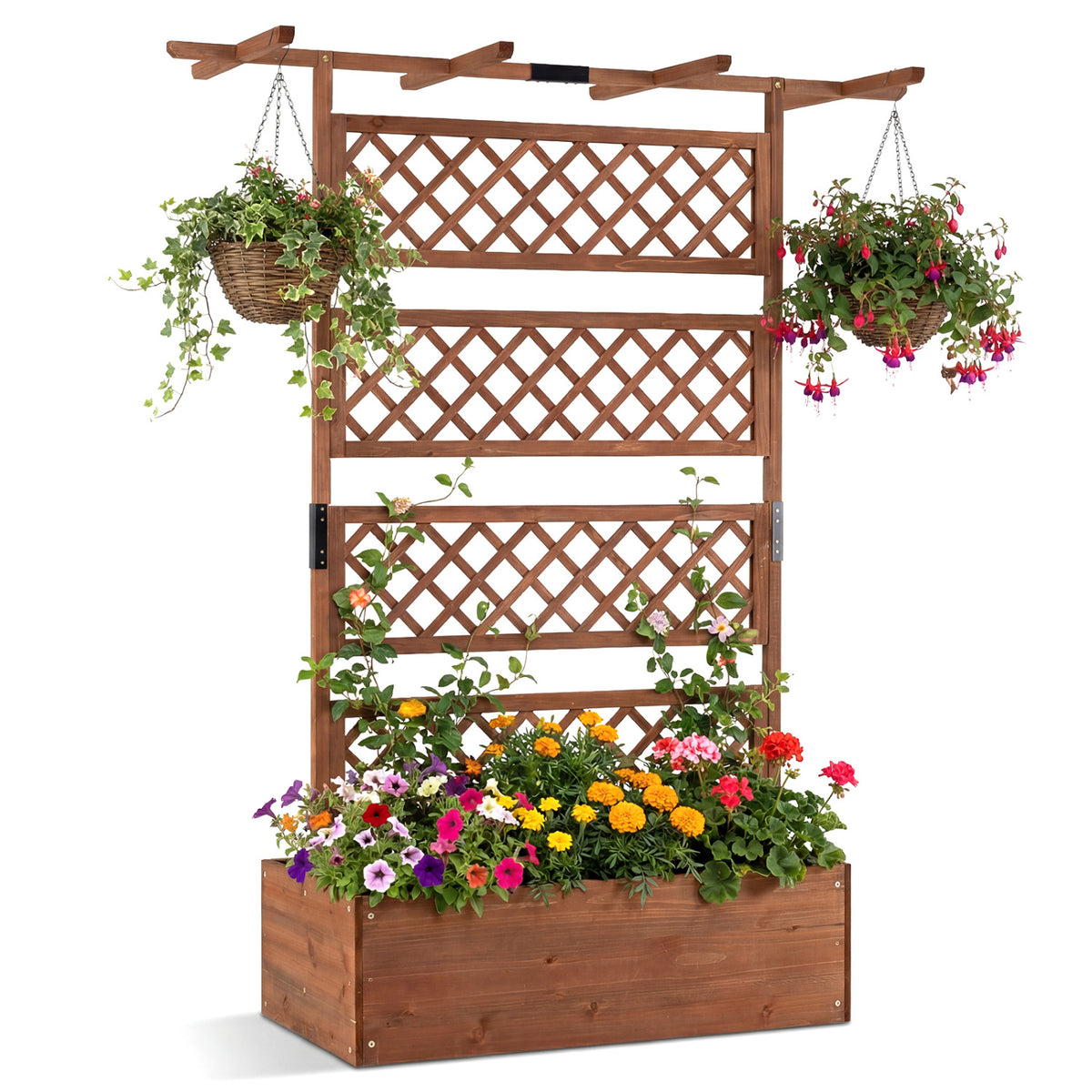 Wooden Planter Box with Lattice Trellis - Brown
