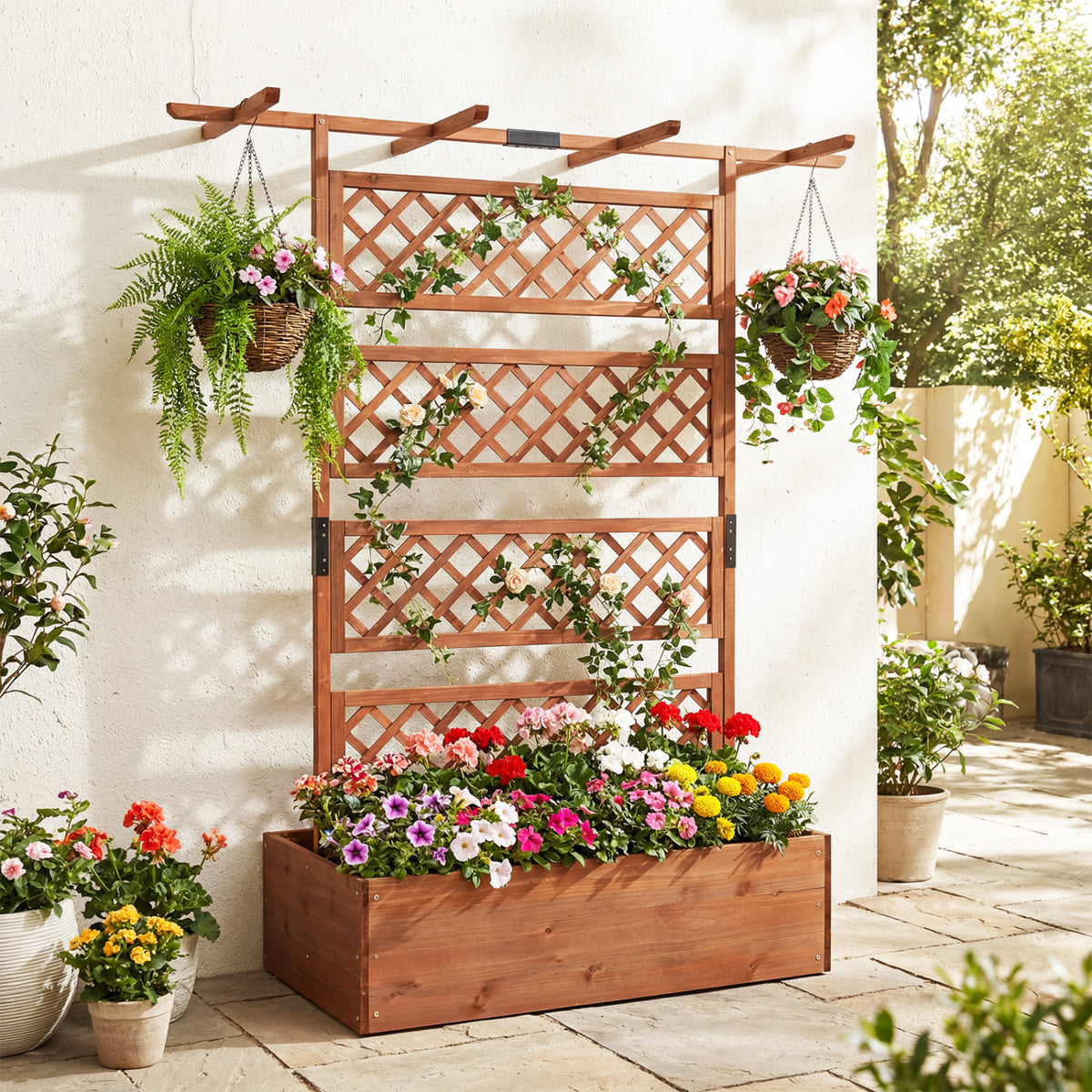 Wooden Planter Box with Lattice Trellis - Brown