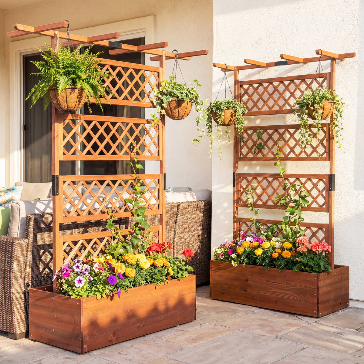 Wooden Planter Box with Lattice Trellis - Brown