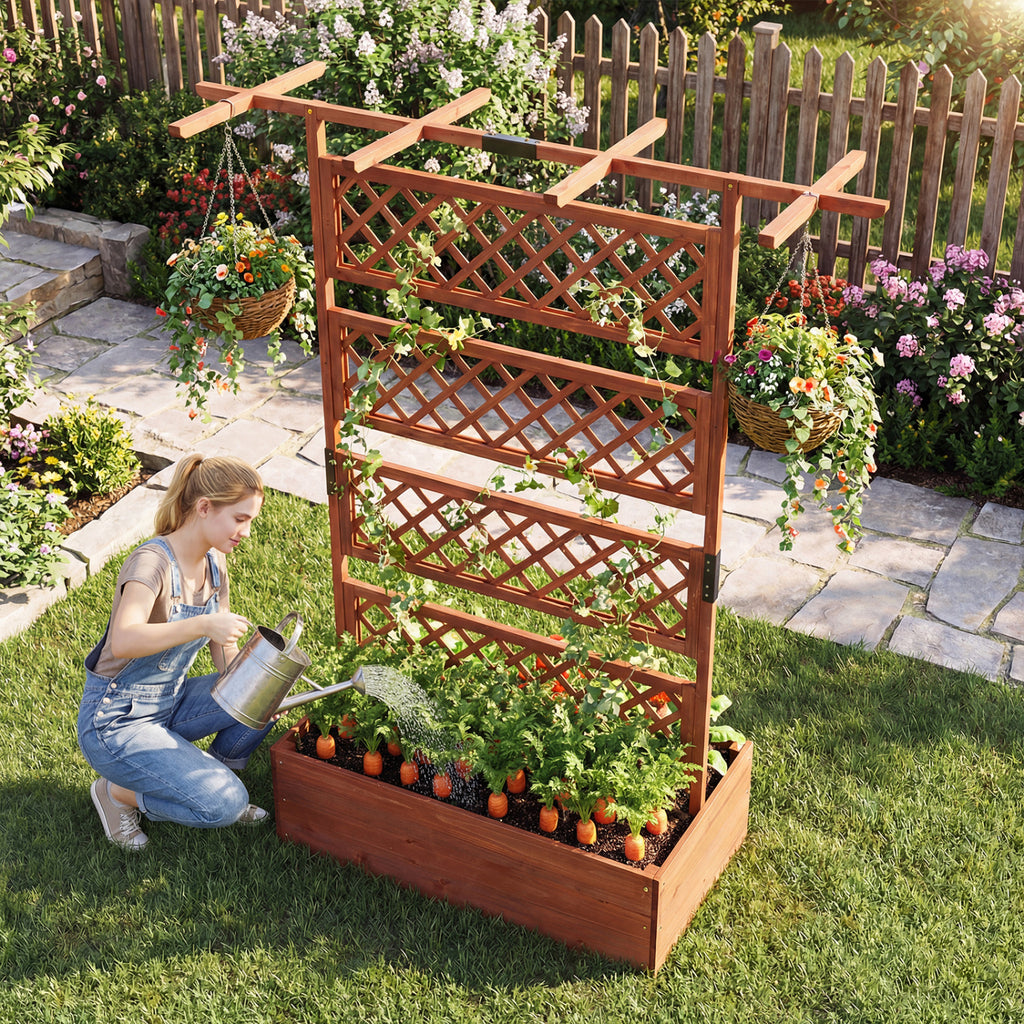 Wooden Planter Box with Lattice Trellis - Brown