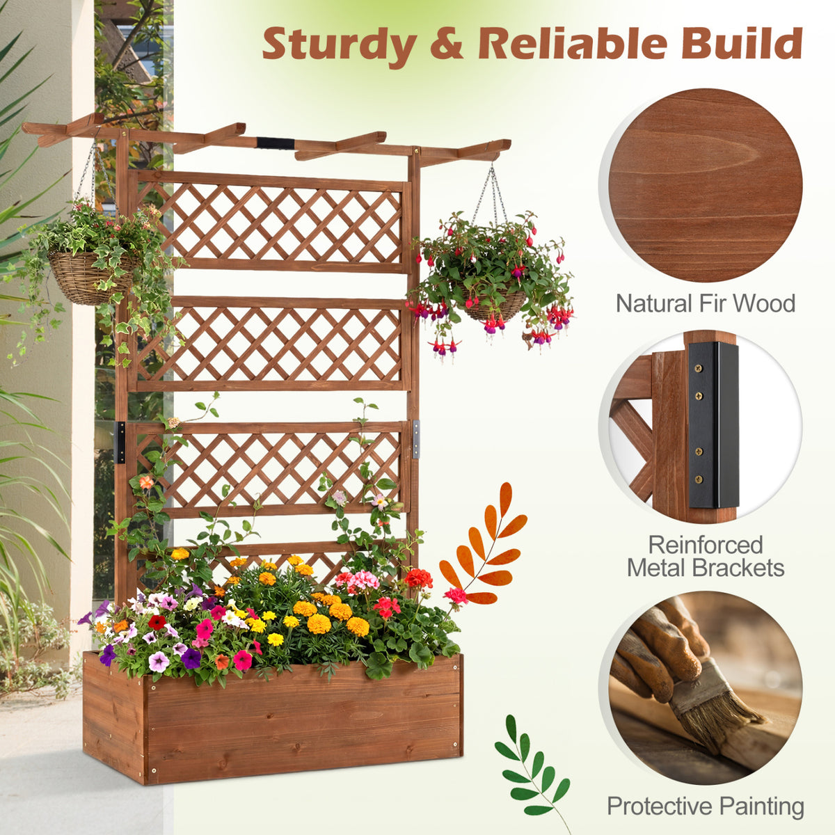 Wooden Planter Box with Lattice Trellis - Brown