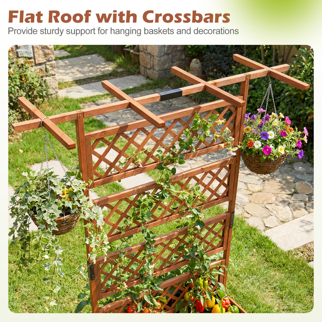 Wooden Planter Box with Lattice Trellis - Brown