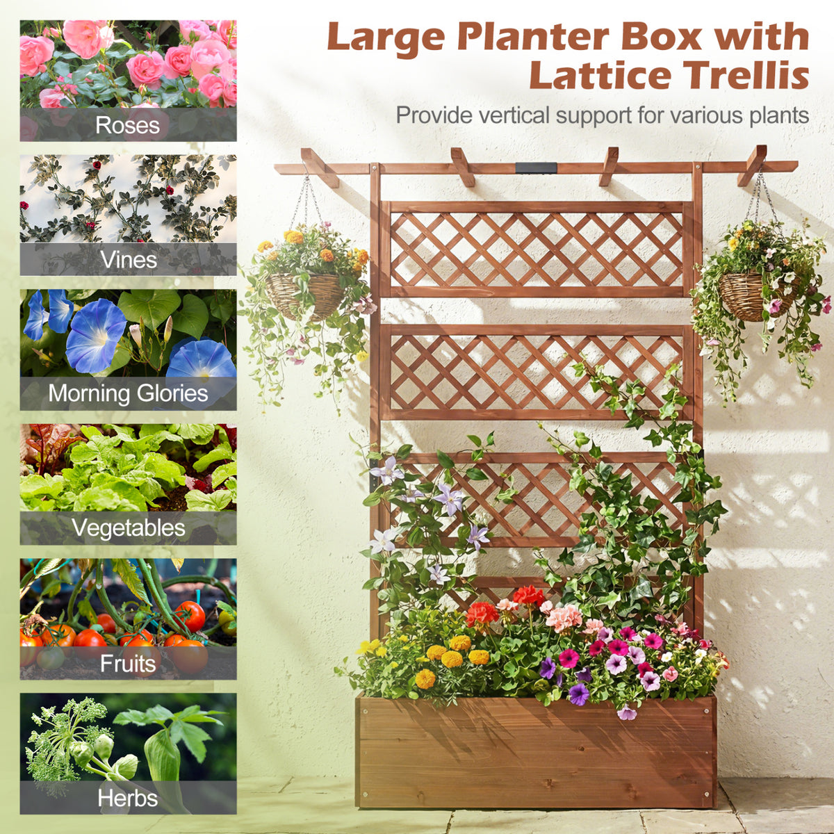 Wooden Planter Box with Lattice Trellis - Brown