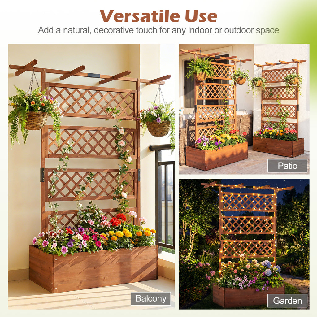 Wooden Planter Box with Lattice Trellis - Brown