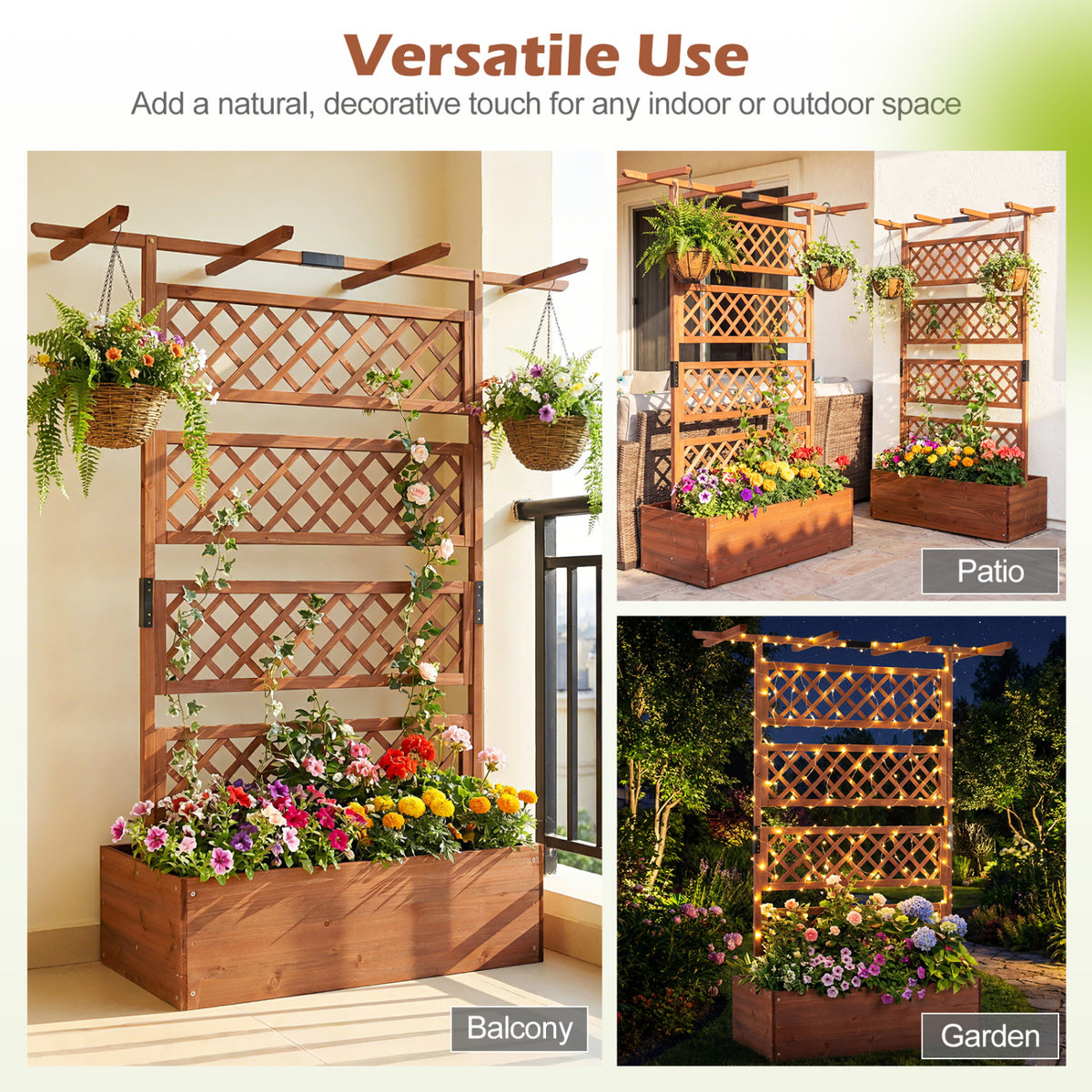 Wooden Planter Box with Lattice Trellis - Brown
