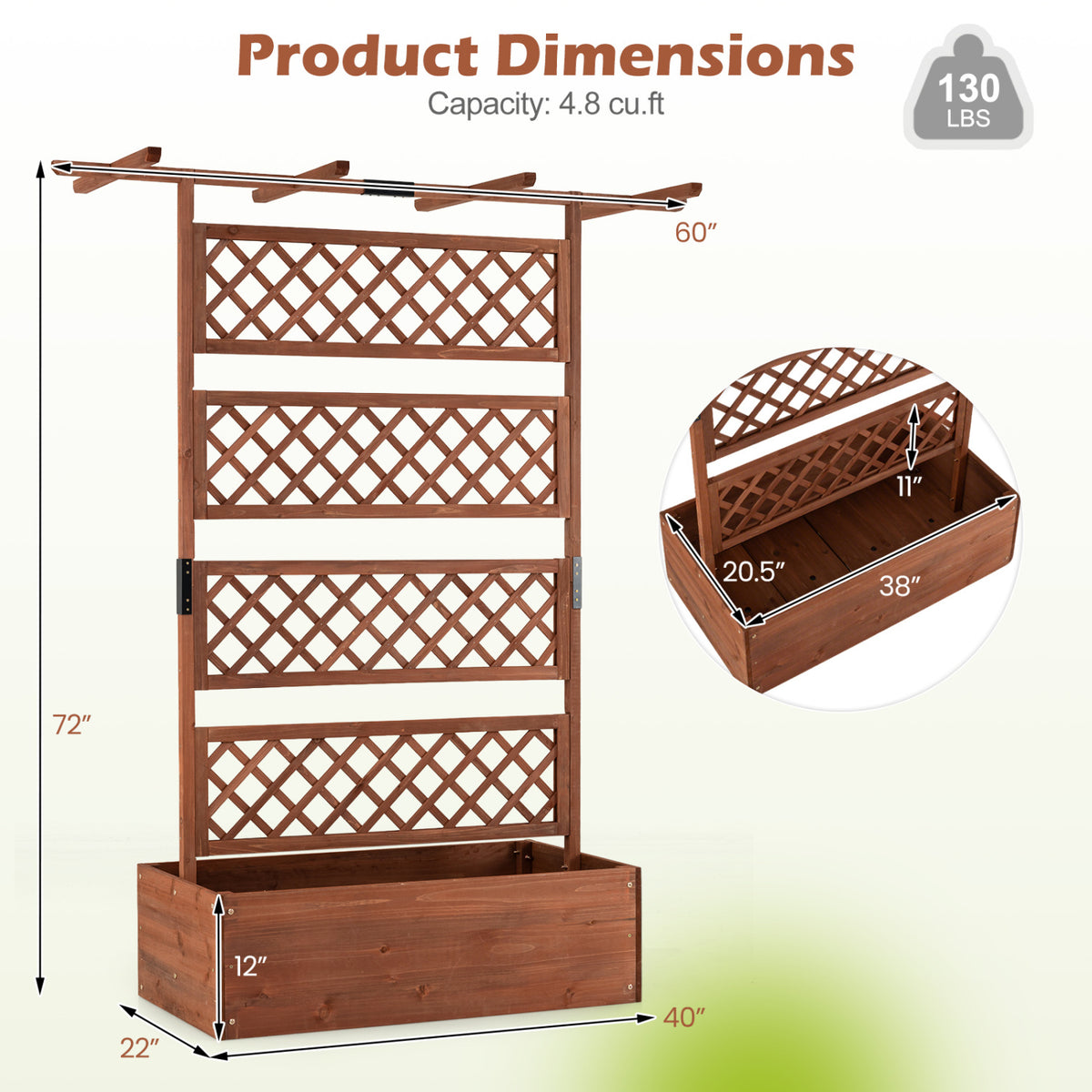 Wooden Planter Box with Lattice Trellis - Brown