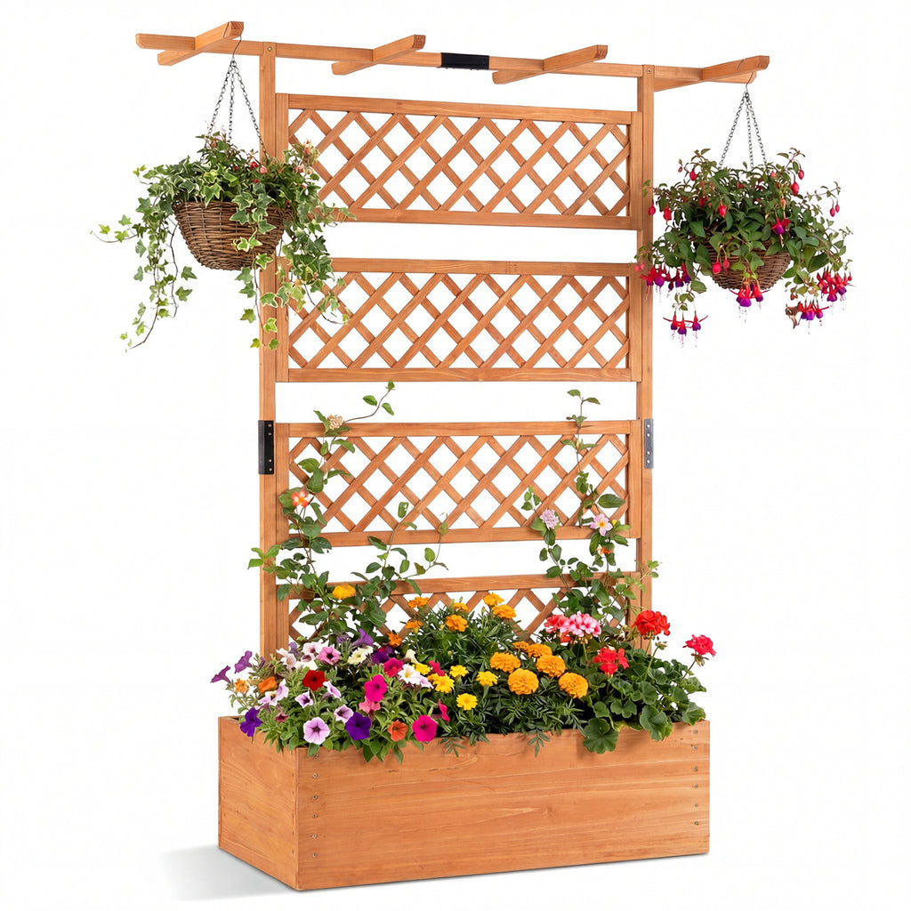 Wooden Planter Box with Lattice Trellis - Brown