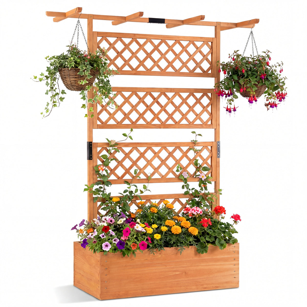 Wooden Planter Box with Lattice Trellis - Brown