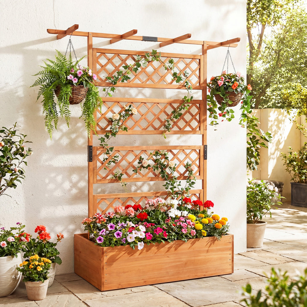 Wooden Planter Box with Lattice Trellis - Brown