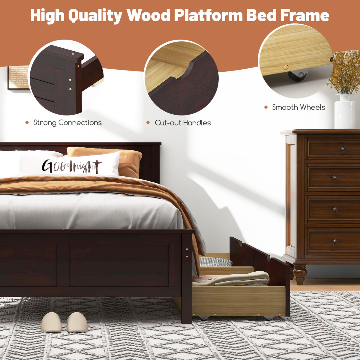 Full Size Bed Frame with Storage Drawers, Espresso