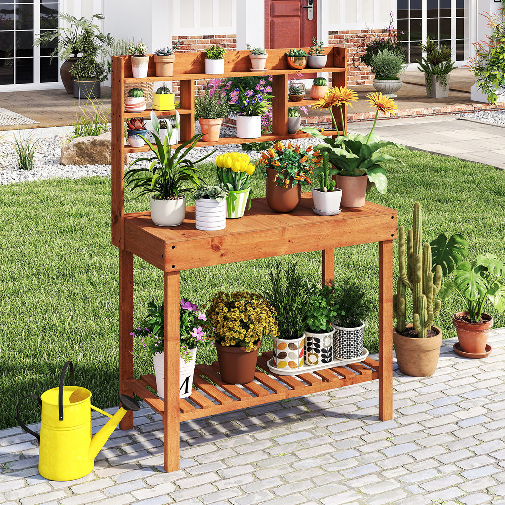Wooden Potting Bench Table 61" with 3-Tier Shelf - Brown