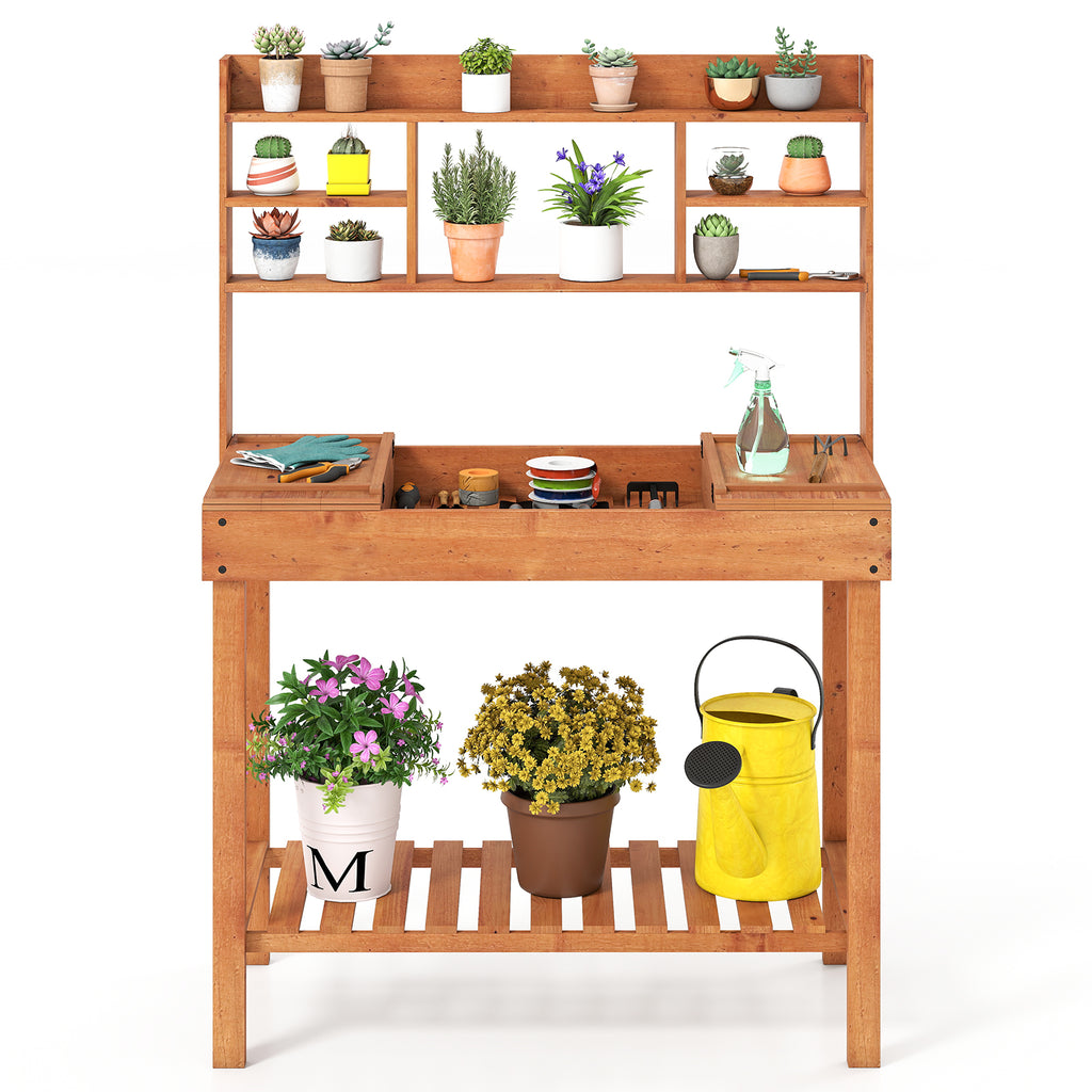 Wooden Potting Bench Table 61" with 3-Tier Shelf - Brown