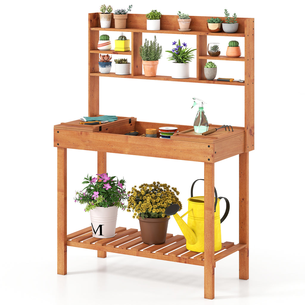 Wooden Potting Bench Table 61" with 3-Tier Shelf - Brown