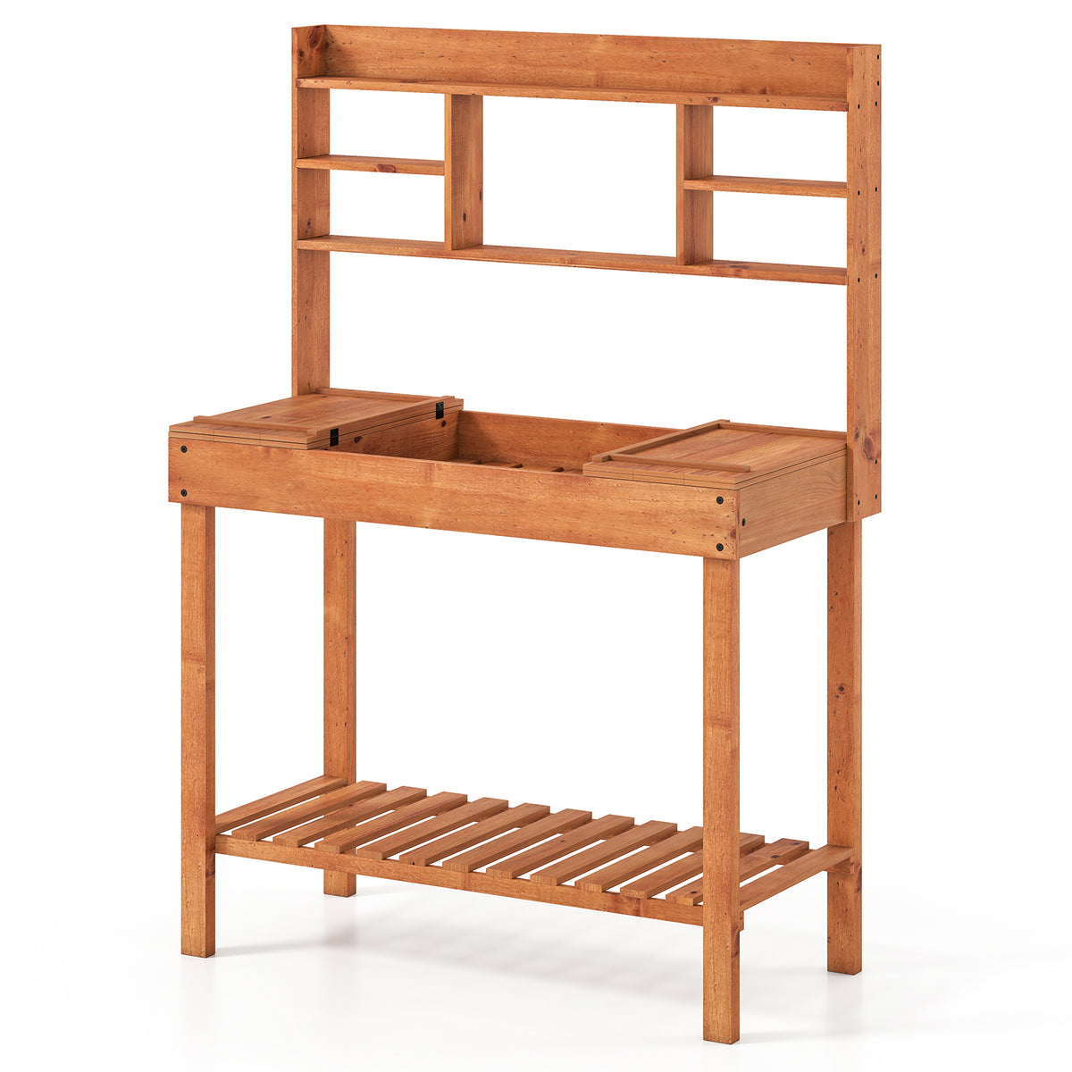 Wooden Potting Bench Table 61" with 3-Tier Shelf - Brown